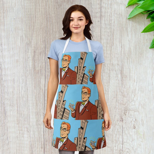 Comic Style Man Looking At Mobile Phone Apron (Creator Uploaded)