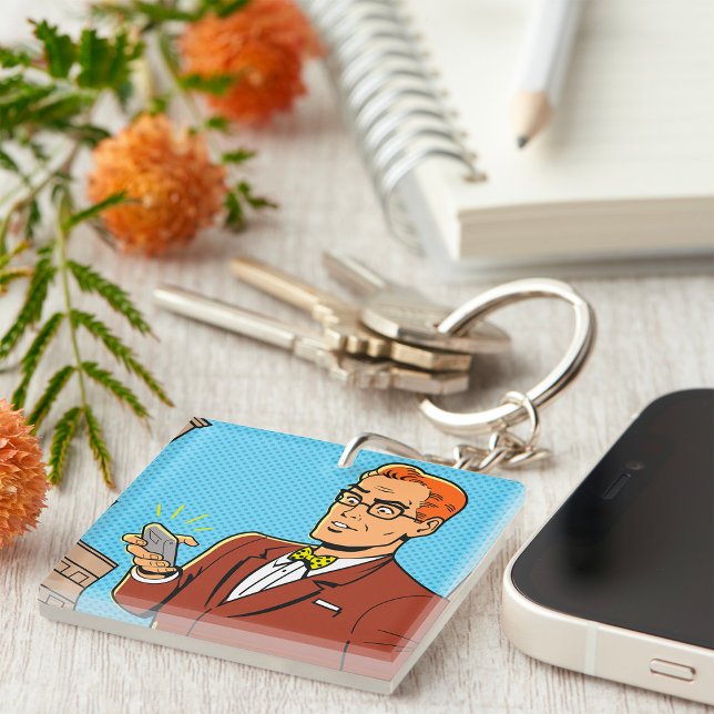Comic Style Man Looking At Mobile Phone Keychain (Creator Uploaded)