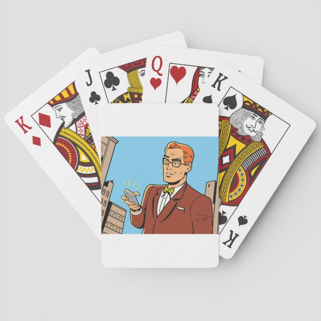 Comic Style Man Looking At Mobile Phone Poker Cards (Back)