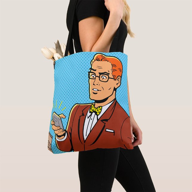 Comic Style Man Looking At Mobile Phone Tote Bag (Creator Uploaded)