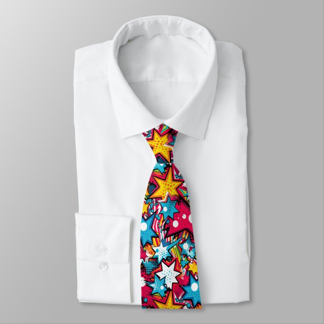 Comic Style Pattern Neck Tie (Tied)