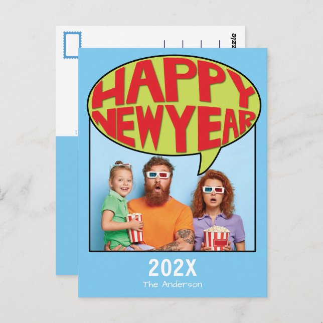 Comic Style Personalized Photo Happy New Year Postcard (Front/Back)
