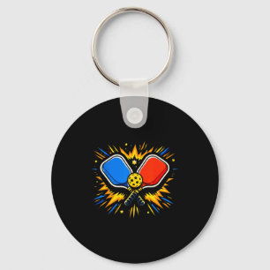 Comic style pickleball mode athlete sports red blu keychain