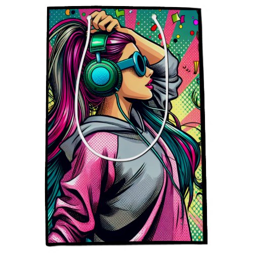 Comic Style Pop Art Girl in Headphones Birthday Medium Gift Bag
