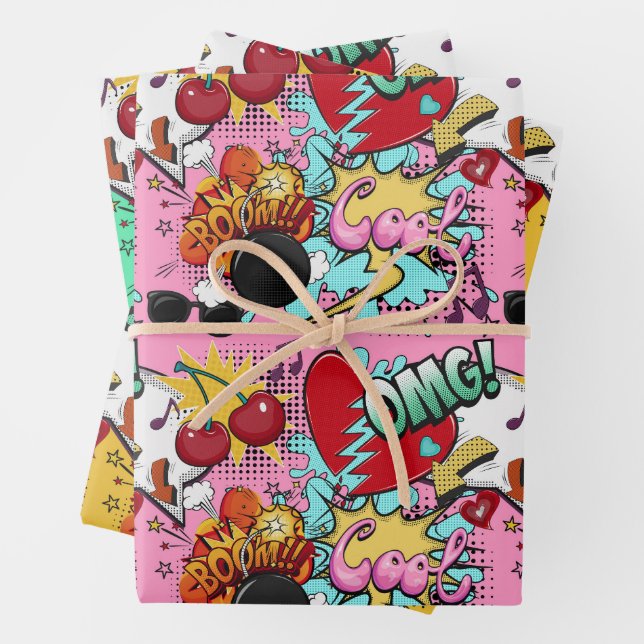Comic Style Pop Art Girls Wrapping Paper Sheets (In situ)