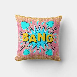 Comic Style Pop Art Retro Aqua Blue Gold BANG Throw Pillow