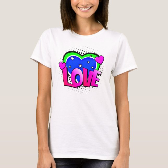 Comic Style Pop Art Retro Blue Green Pink LOVE     T-Shirt (Front)
