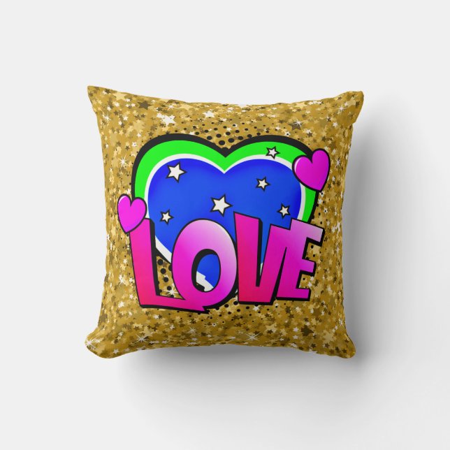 Comic Style Pop Art Retro Blue Pink Green LOVE Throw Pillow (Front)