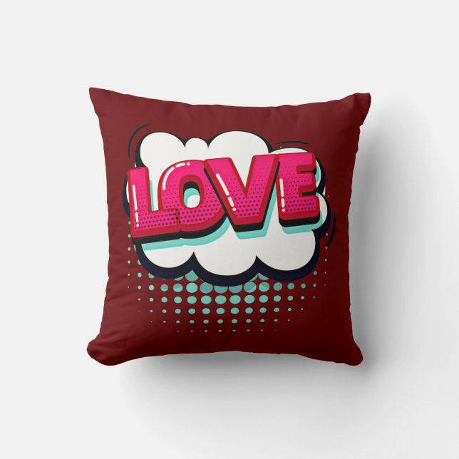 Comic Style Pop Art Retro Pink Love Text Throw Pillow (Front)