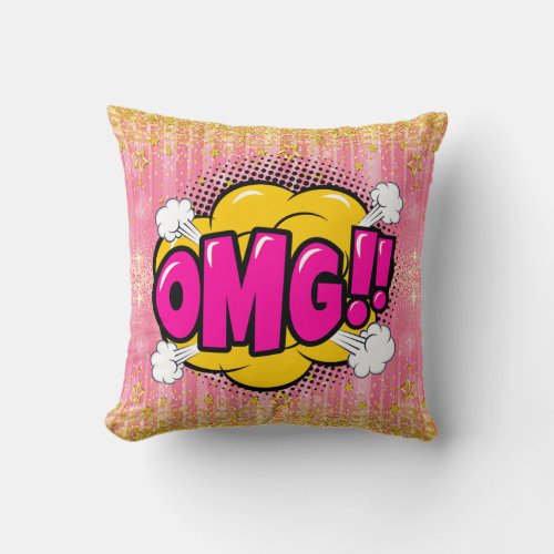 Comic Style Pop Art Retro Pink Orange Gold OMG Throw Pillow