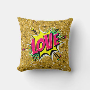 Comic Style Pop Art Retro Stars Yellow Pink LOVE   Throw Pillow