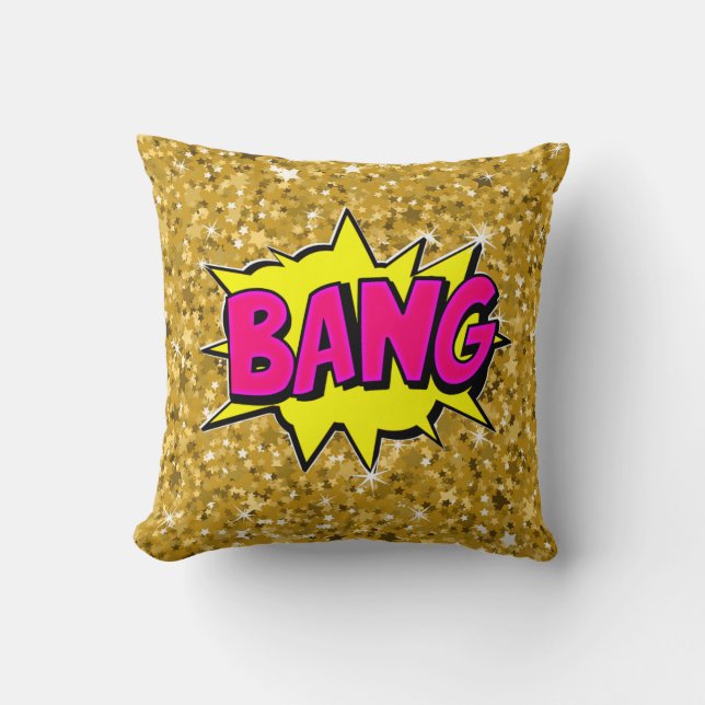 Comic Style Pop Art Retro Yellow Pink Gold BANG    Throw Pillow (Front)