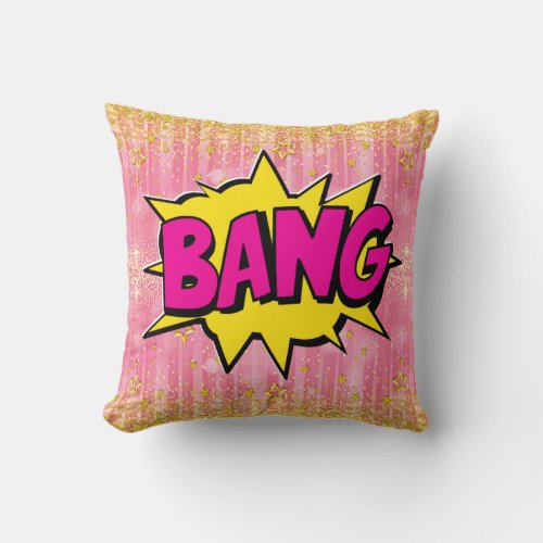 Comic Style Pop Art Retro Yellow Pink Gold BANG Throw Pillow