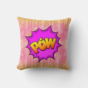 Comic Style Pop Art Retro Yellow Purple Pink POW   Throw Pillow