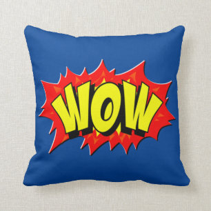 Comic Style Pop Art Retro Yellow Red Blue WOW Throw Pillow