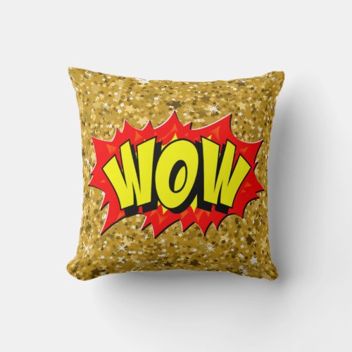 Comic Style Pop Art Retro Yellow Red Gold WOW      Throw Pillow