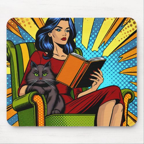 Comic Style Pop Art Woman Reading and Cat Mouse Pad