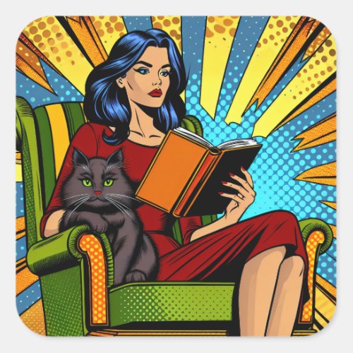 Comic Style Pop Art Woman Reading and Cat Square Sticker