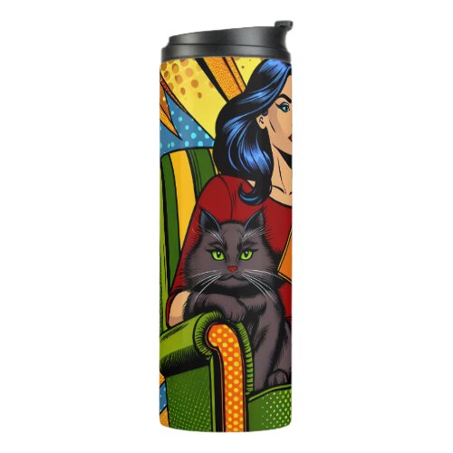 Comic Style Pop Art Woman Reading and Cat Thermal Tumbler