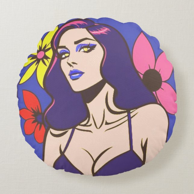 Comic style pretty woman round pillow (Front)