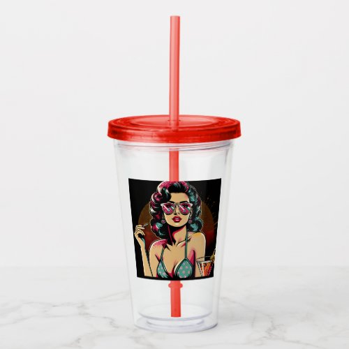 Comic Style Retro Pinup Girl with a Cocktail Acrylic Tumbler