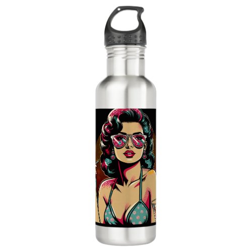 Comic Style Retro Pinup Girl with a Cocktail Stainless Steel Water Bottle
