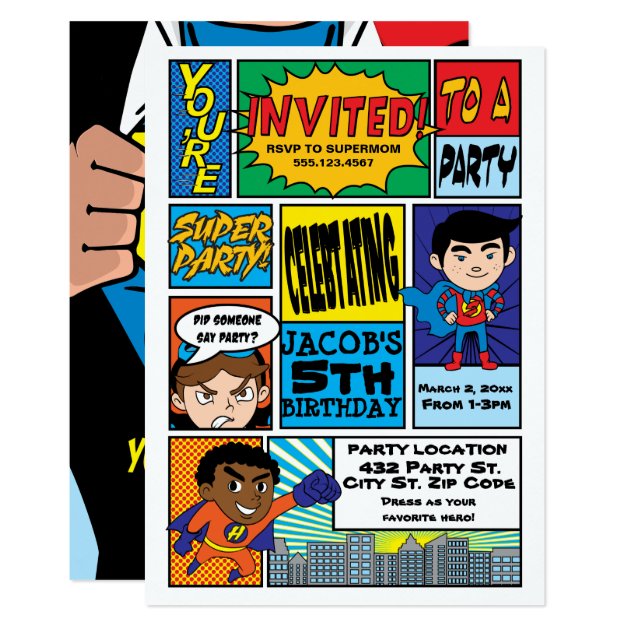 Comic Style Superhero Birthday Invitations
