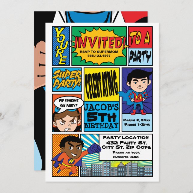 Comic Style Superhero Birthday Invitations (Front/Back)
