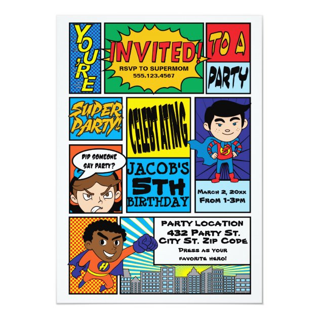 Comic Style Superhero Birthday Invitations