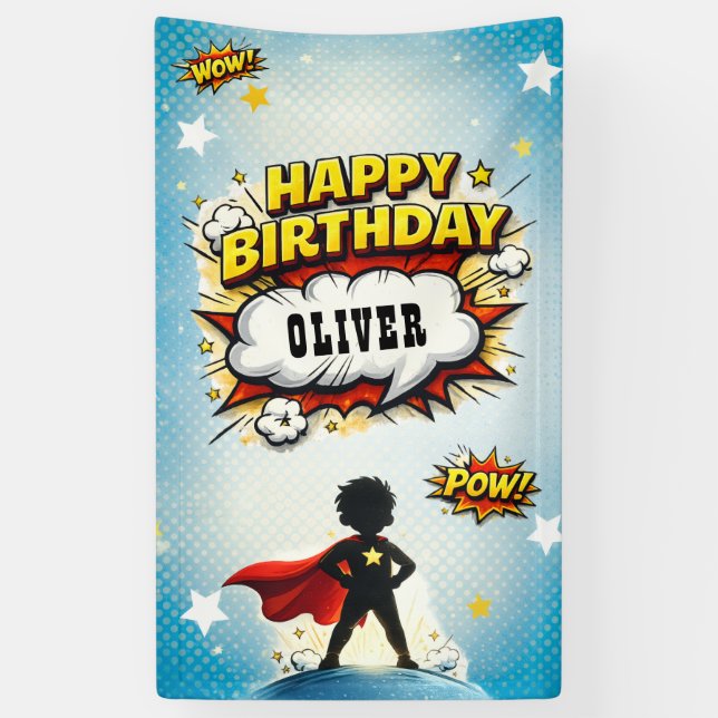 Comic Style Superhero Boy's Name Birthday Banner (Vertical)