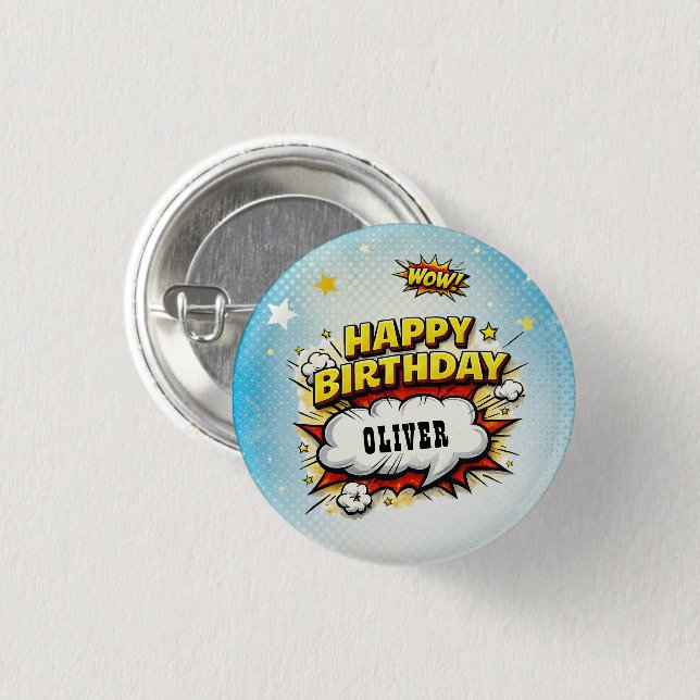 Comic Style Superhero Boy's Name Birthday  Button (Front & Back)