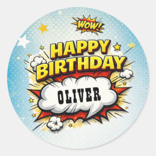 Comic Style Superhero Boy's Name Birthday Classic Round Sticker