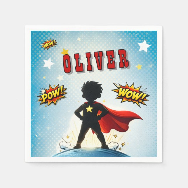 Comic Style Superhero Boy's Name Birthday Napkins (Front)