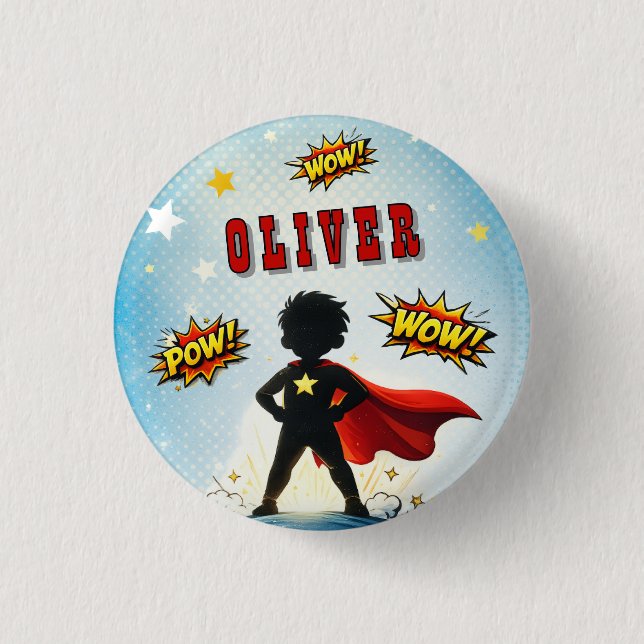 Comic Style Superhero Boy's Name Birthday Party Button (Front)