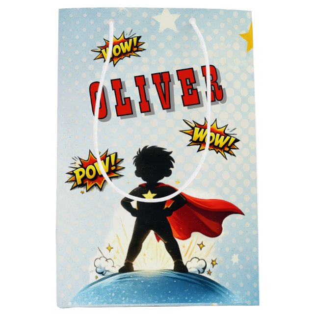 Comic Style Superhero Boy's Name Birthday Party Medium Gift Bag (Front)