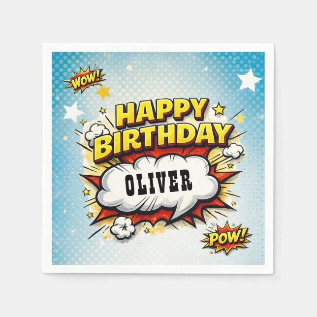 Comic Style Superhero Boy's Name Birthday Party  Napkins (Front)