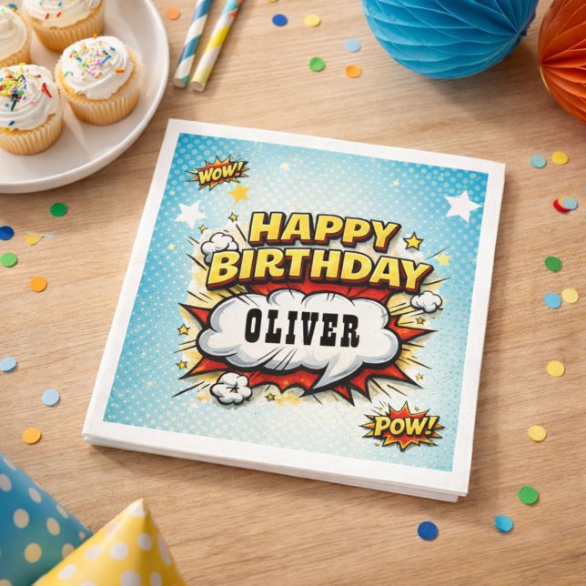 Comic Style Superhero Boy's Name Birthday Party  Napkins (Creator Uploaded)