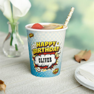 Comic Style Superhero Boy's Name Birthday Party Paper Cups