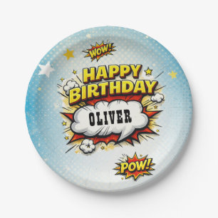 Comic Style Superhero Boy's Name Birthday Party Paper Plates