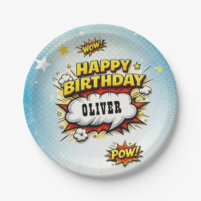 Comic Style Superhero Boy's Name Birthday Party  Paper Plates (Front)