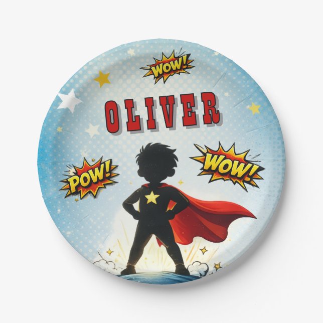 Comic Style Superhero Boy's Name Birthday Party Paper Plates (Front)