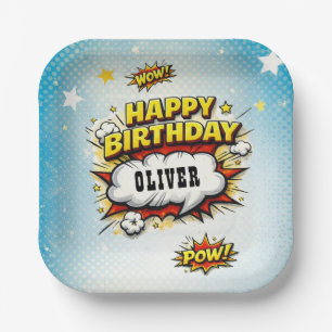 Comic Style Superhero Boy's Name Birthday Party Paper Plates