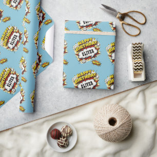 Comic Style Superhero Boy's Name Birthday  Wrapping Paper