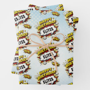 Comic Style Superhero Boy's Name Birthday  Wrapping Paper Sheets