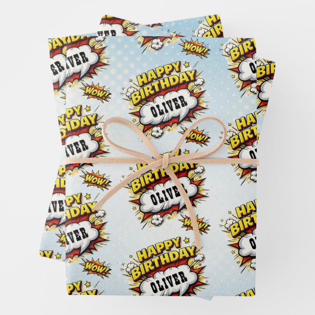 Comic Style Superhero Boy's Name Birthday  Wrapping Paper Sheets (In situ)
