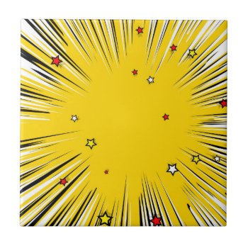 Comic Style Yellow Sunburst With Red Stars Ceramic Tile by GroovyFinds at Zazzle