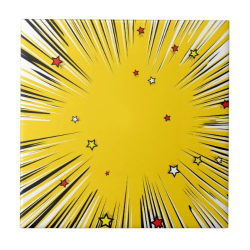 Comic Style Yellow Sunburst with Red Stars Ceramic Tile