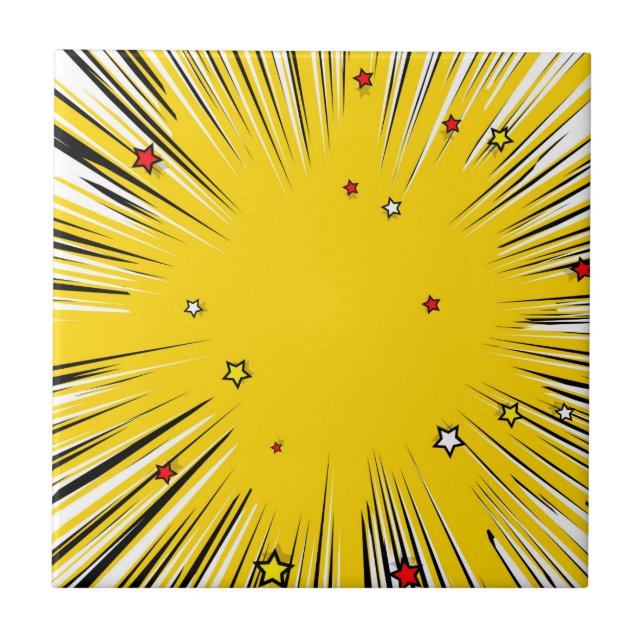 Comic Style Yellow Sunburst with Red Stars Ceramic Tile (Front)