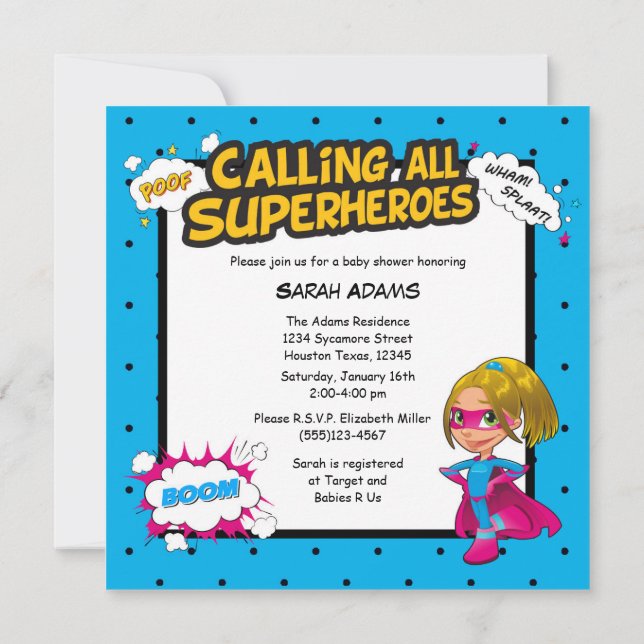 Comic Super Hero Baby Shower Girl Invitation (Back)