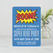 Comic Super Hero Blue Personalized Kids Birthday Invitation (Standing Front)